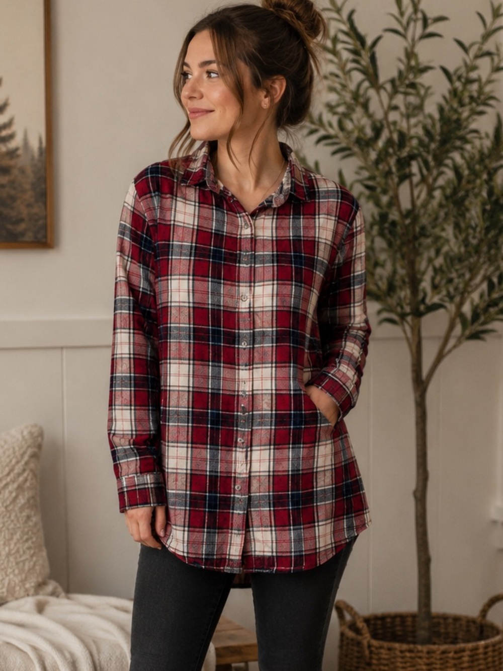 JAG Plaid Button Down Shirt Womens XS Red Excellent Rayon Tunic Long Sleeve
